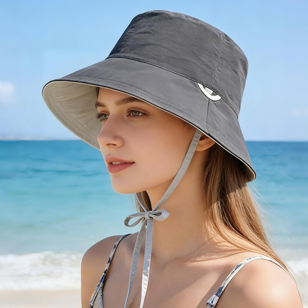 Reversible Bucket Hat with Chin Strap, Sun Protection Windproof Fisherman Cap for Women