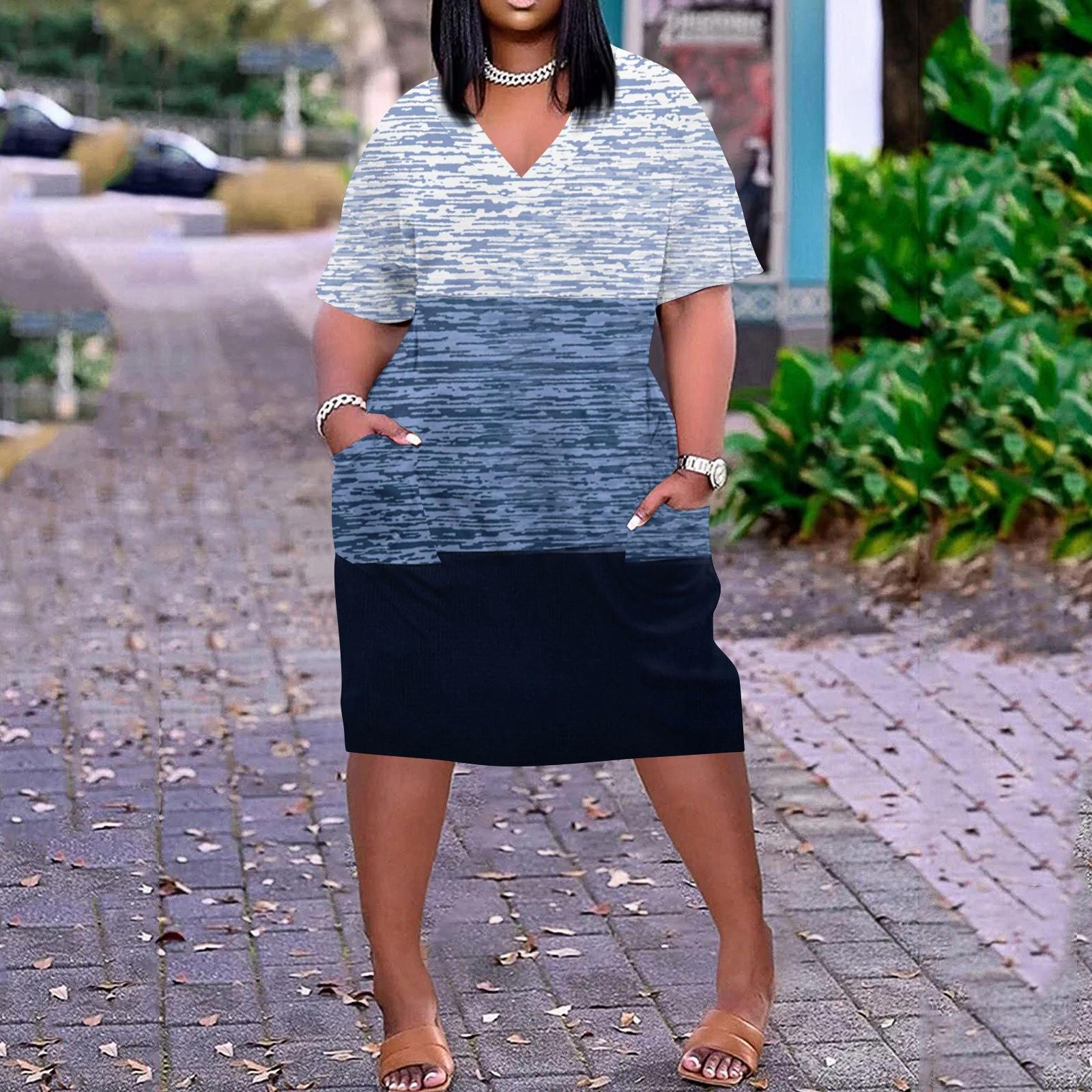 

Лето плюс размер V-образным вырезом с короткими рукавами и карманами до колена с принтами повседневное платье для женщин XXL синий