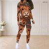 Women Plus Size Round Neck Long Sleeve Printed Highland Cow Fitted Two Piece Pants Set