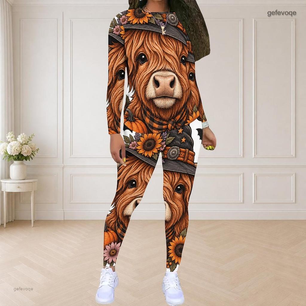 Women Plus Size Round Neck Long Sleeve Printed Highland Cow Fitted Two Piece Pants Set