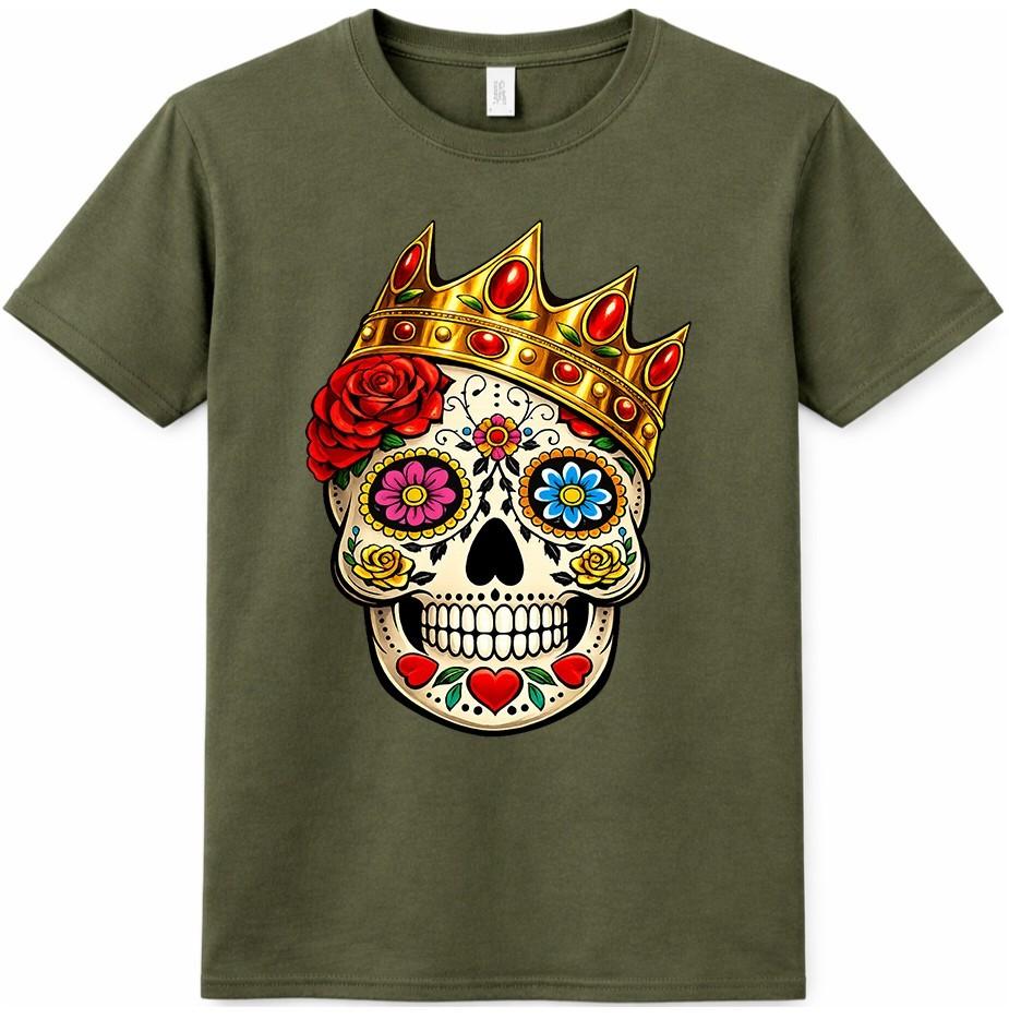 Sugar Skull Crown T-Shirt Day Of The Dead Gothic Floral Tattoo Graphic Tee