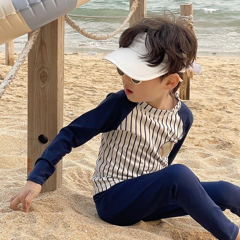 Kids' Korean Style Striped Baseball Swimsuit Set