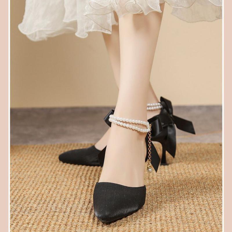 Women's Fashion One-line High Heels Autumn New Pointy Shallow Mouth Thin with Butterfly Knot Head Hollow Single Shoes