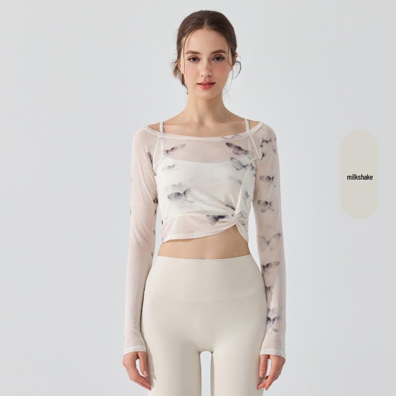 

Топ для йоги с длинным рукавом «Двойка» из сетки «Бабочка» с фиксированной чашкой и быстросохнущей накидкой L (with Bra)