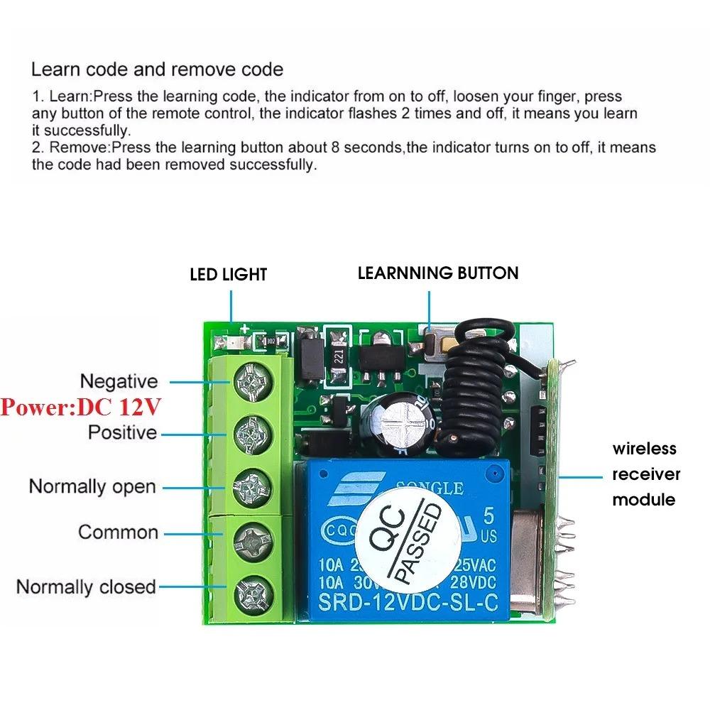 433Mhz Universal Gate Remote Control DC 12V 10A Relay Receiver Wireless Radio Frequency Learning Remote Control for Gate LED Garage Door