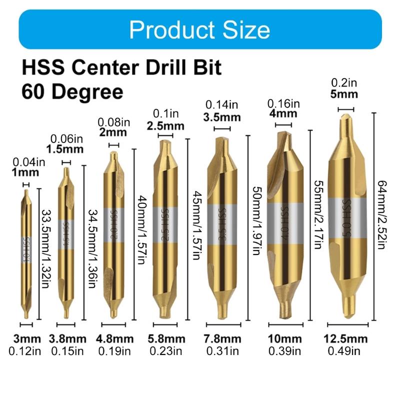 7Pcs Center Drill Bits Set Angle Center Drill Bits High Speed Steel Center Drill Bits Kit for Lathe Metalworking