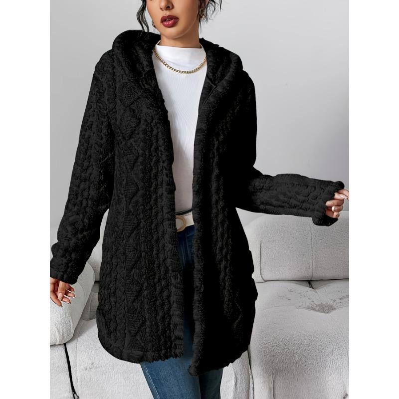 [Cozy Winter Cardigan] Warm & Cozy Women's Winter Plush Diamond-Patterned Hooded Cardigan | Longline Loose Fit Open Front Long Sleeve Coat