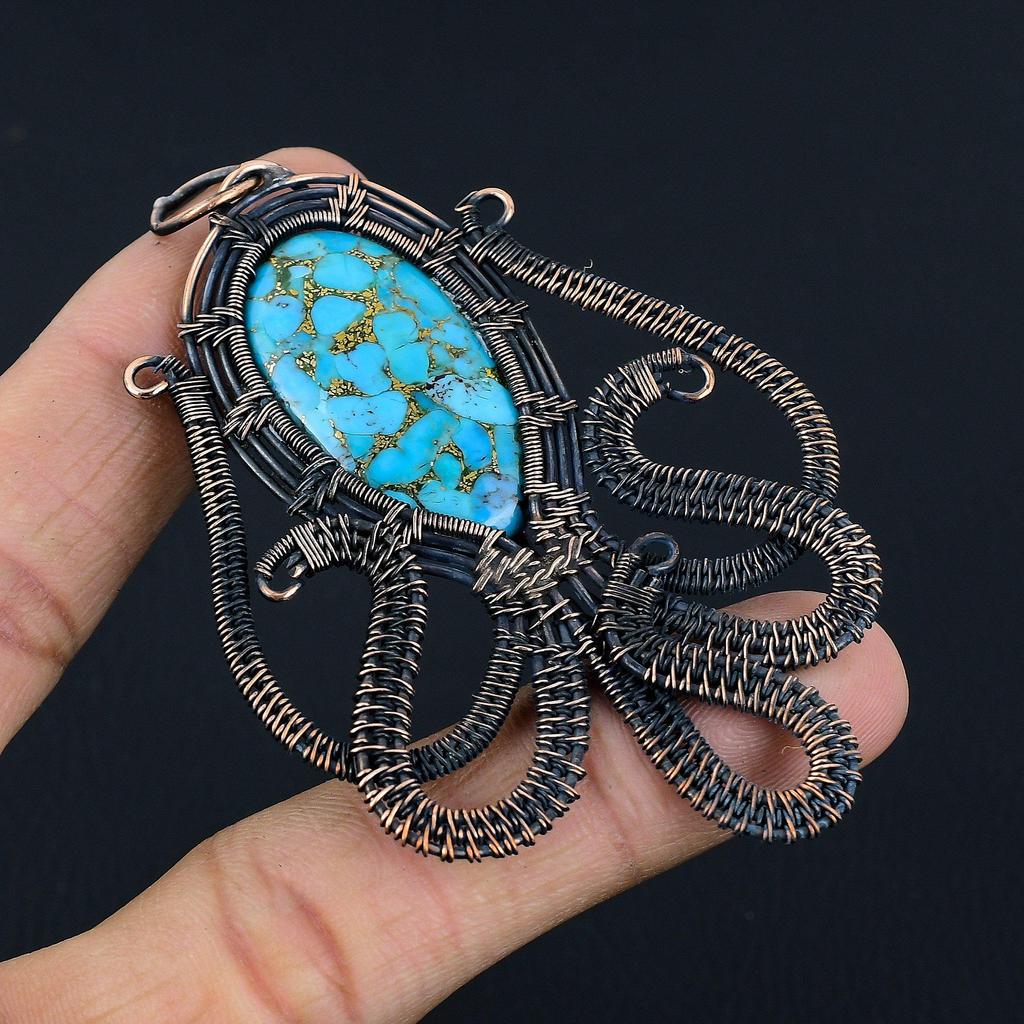 Copper Turquoise 999 Copper Wire Wrapped Pendant, Handmade Pendant Gemstone Jewelry, Gifts For Wife Brand New Pendant