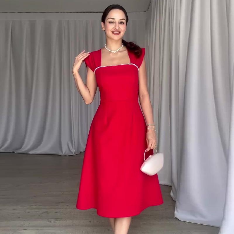 2024 Letní dámské francouzské retro šaty se čtvercovým výstřihem a korálky