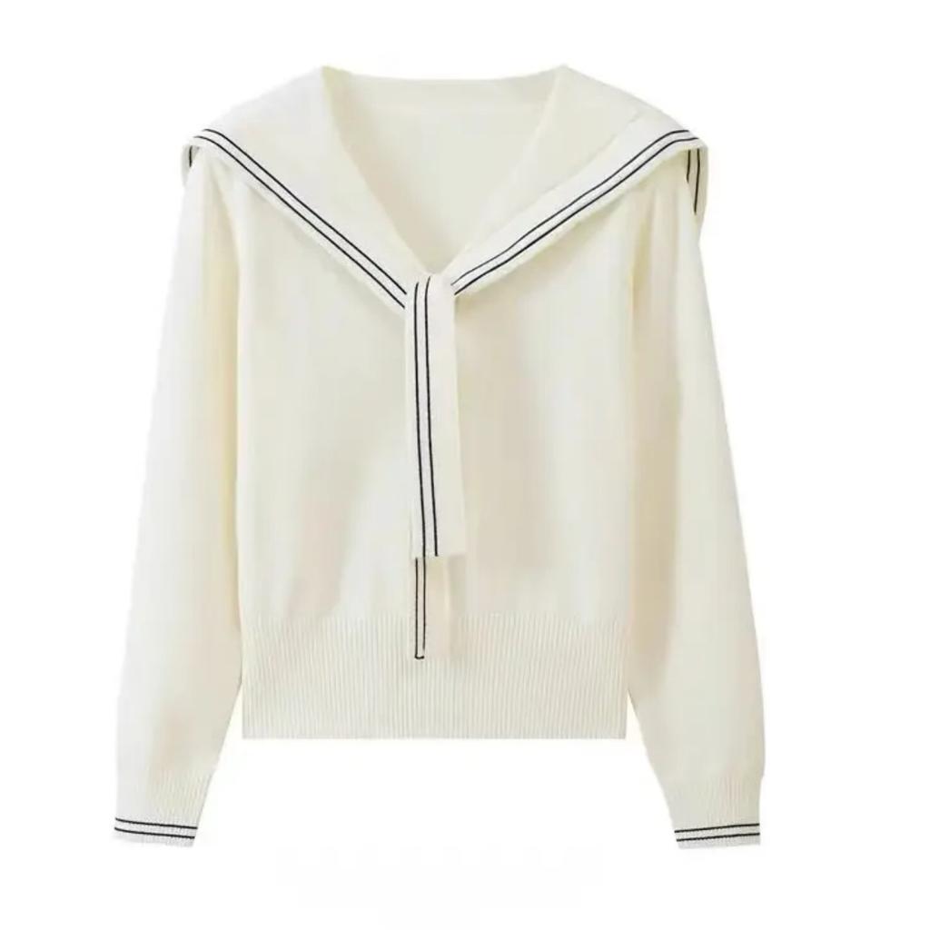 Autumn and Winter Navy Collar Sweater Top Niche Trend Shawl Slim Short Design Sense Inside Knitted Sweater Women