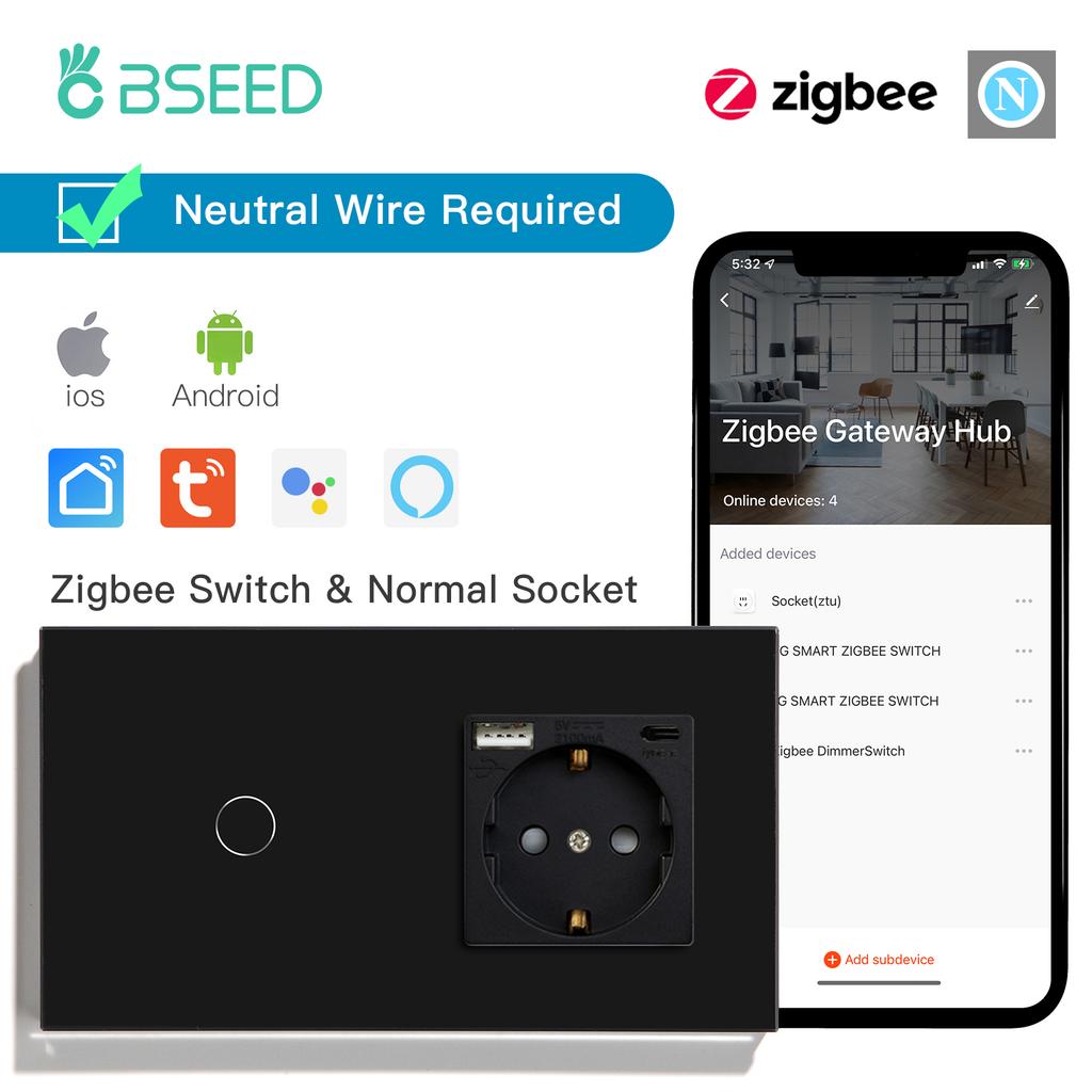 BSEED Zigbee 1Gang Light Switches 1/2/3Way Tuya Smart Life App Control Plus EU Socket USB Type-c Power Outlets Glass Panels