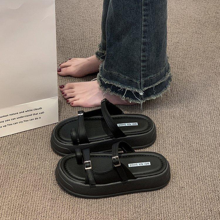 

Fashion Hot Selling 2025 new Comfortable Thick Bottom Sandal Women s Summer Beach Casual Slip-On Slippers Breathable Leather Fashionable 35 чёрный