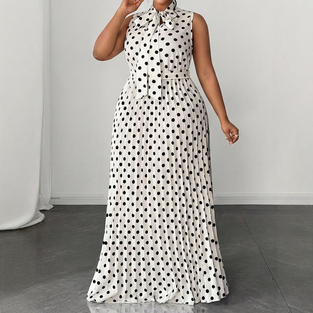 Elegantes ärmelloses Polka-Dot-Kleid mit Bindeband für Sommerreisen und Freizeit