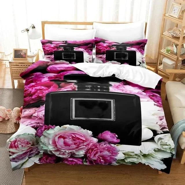 Perfume Floral Duvet Cover Set Pink Makeup Bedding Set With Pillowcase,Girls Women Romantic Fashion Gifts Comforter Cover Set
