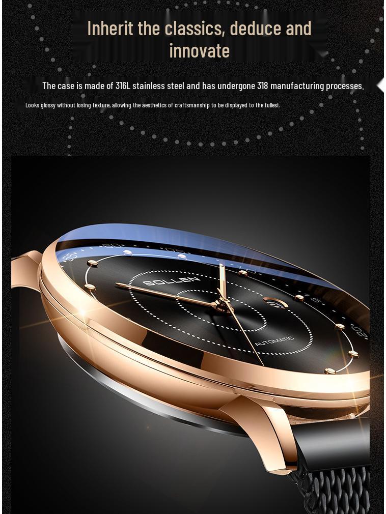 Solon Ultra-Thin Automatic Men's Leather Strap Waterproof Watch - Simple & Stylish.