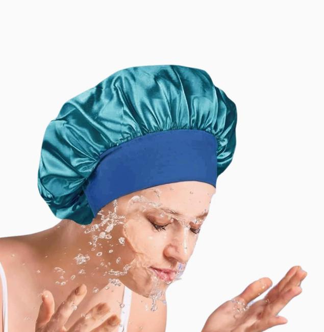 Shower Wide Brim Elastic Satin Hair Care Cap - Women's Sleep, Salon, and Shower Use