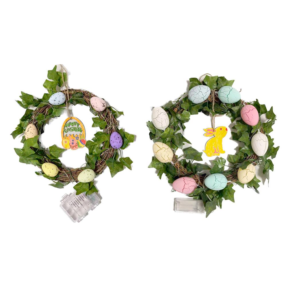 7.8 Inch Easter Egg Wreath LED Light Spring Wreath Decorative Colored Egg Rattan Leaf Wreath Battery Operated for Farmhouse