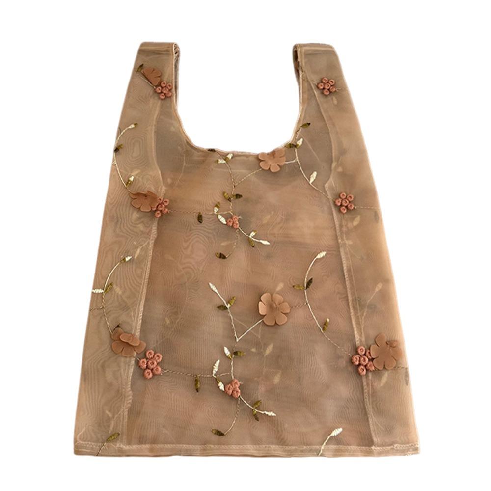 Double Organza Flower Embroidery Hand Bag Clear Jelly Light Material Mesh Shopping Bag Yarn Cloth Organza Tote Bag Shoulder Bag