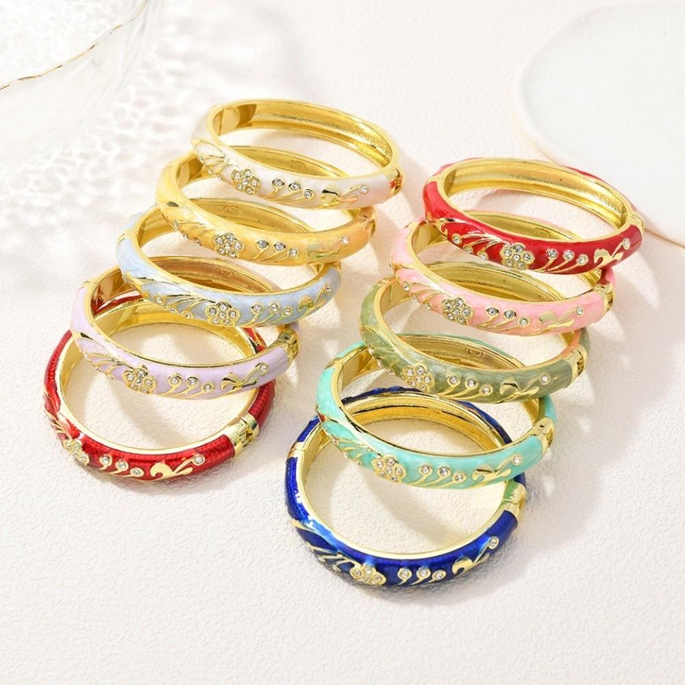 Enamel Floral Flower Crystal Bangle 5 Petals Women's Hand Bracelet Vintage Cloisonne Bangle Ladies
