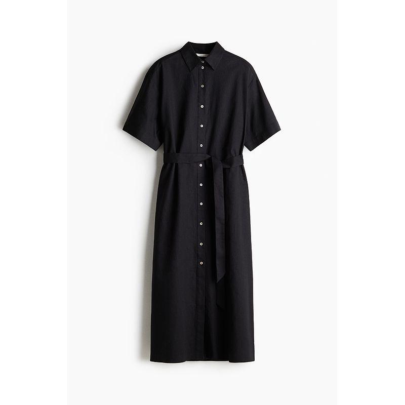 

Женская одежда HM Осеннее платье 2025 Новое поступление Льняное смесовое платье-рубашка 1278042 Black 175/116(XL)