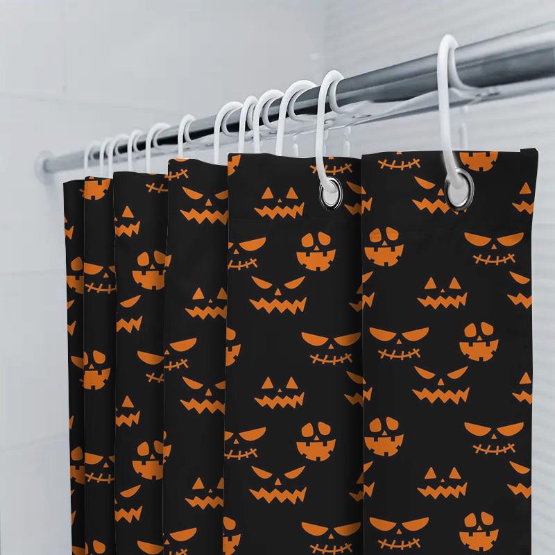 Halloween-Themed Waterproof Shower Curtain Featuring Spooky Jack-O'-Lanterns On Black Background Perfect For Creating A Festive