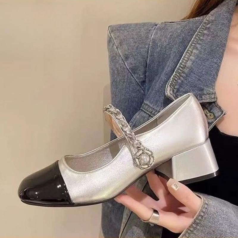 

2025 Весна Осень Женские Новые Винтажные Туфли Мэри Джейн на Плоской Подошве Мелкий Квадратный Носок Большие Женские Туфли 37 серебряный