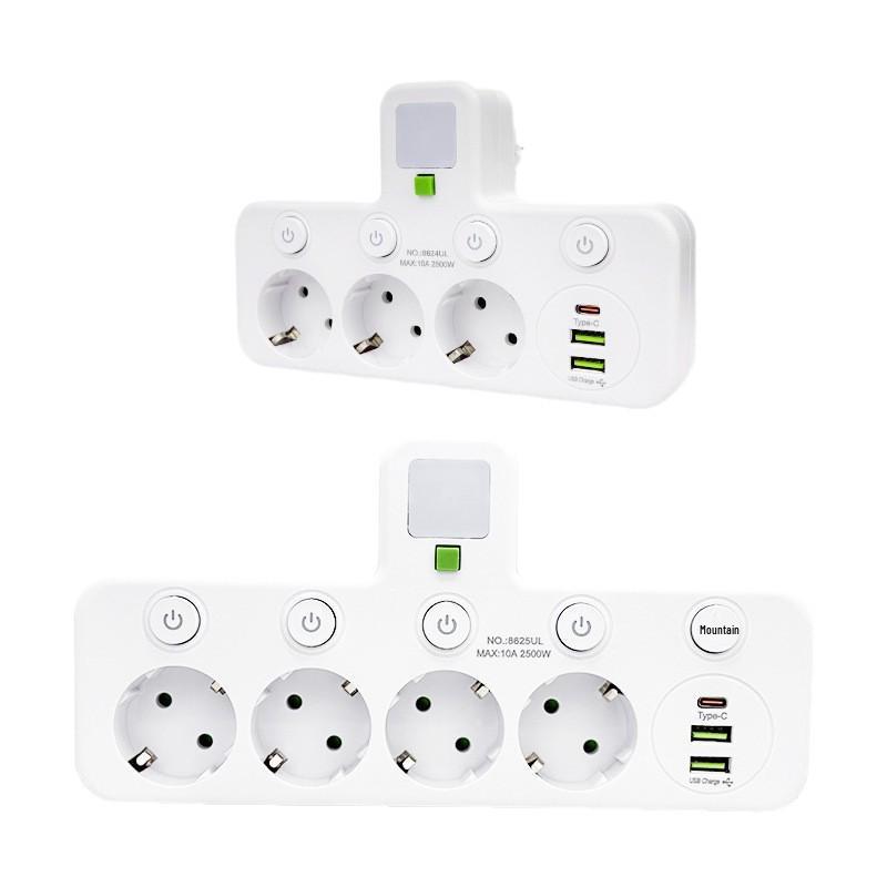 Tomada Europeia 16A 3-em-1 com Interruptor Individual e Luz Noturna, Certificado CE Adaptador Francês/Europeu