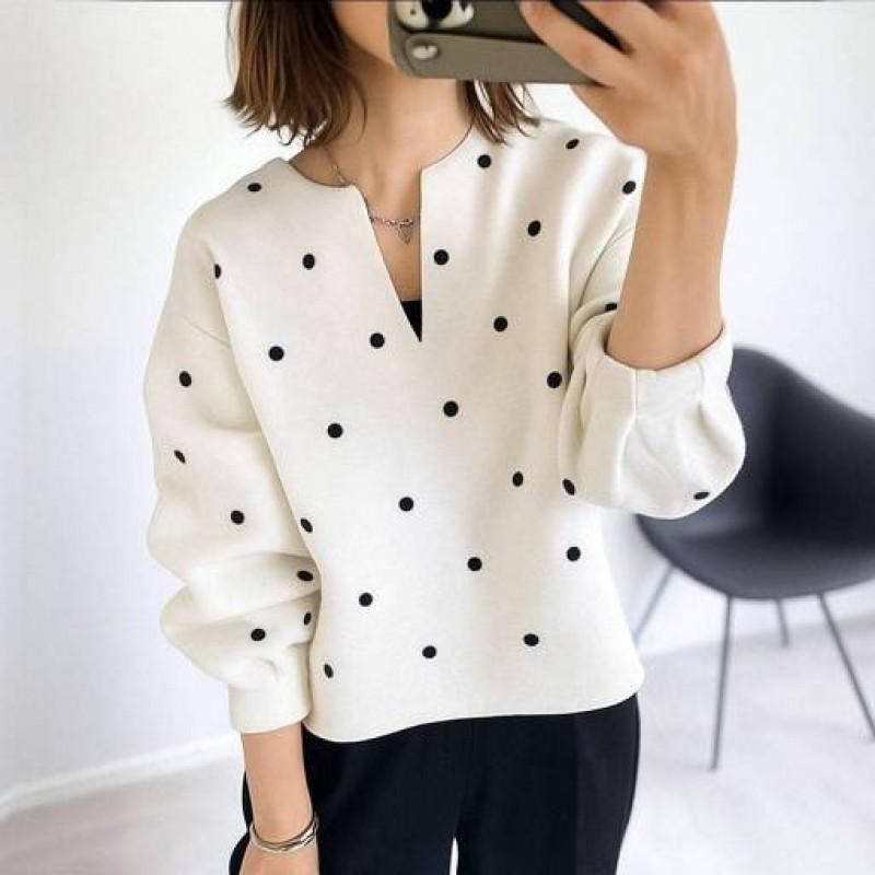 6 Colors Loose Fit V-Neck Long Sleeve Sweatshirt Polka Dot Cotton Blend Top Women