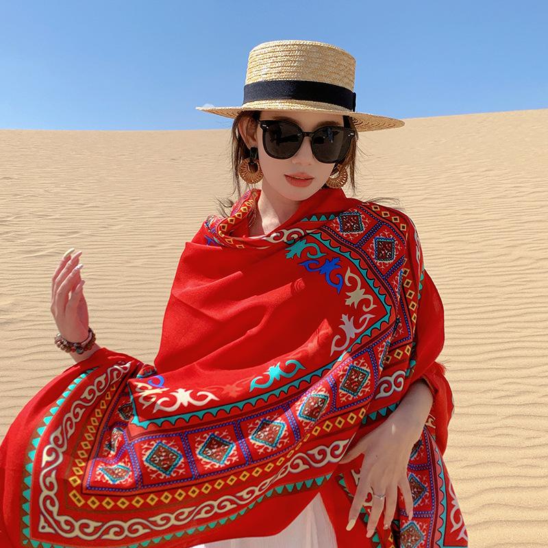 Sunscreen Shawl Women's Summer Thin Travel Big Scarf Desert Silk Scarf Ethnic Style Scarf Seaside Beach Scarf