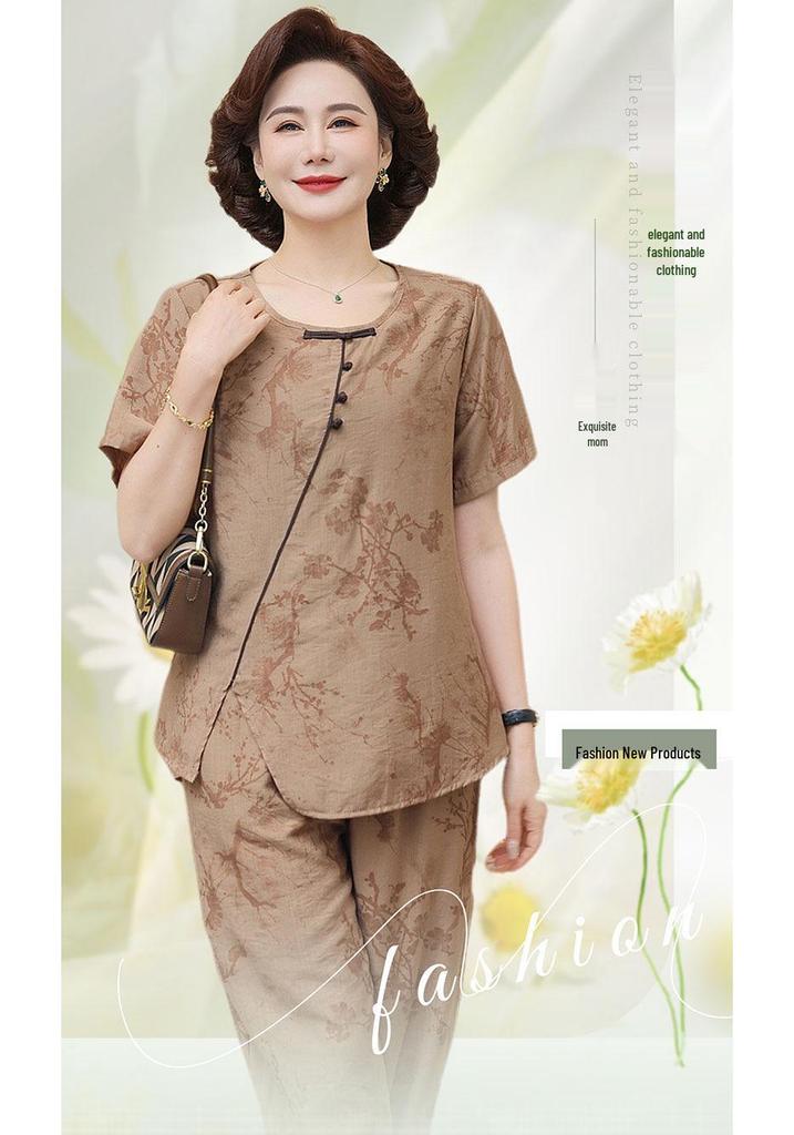 Petite Mom's Ice Silk Printed Summer Set for Middle-Aged Women