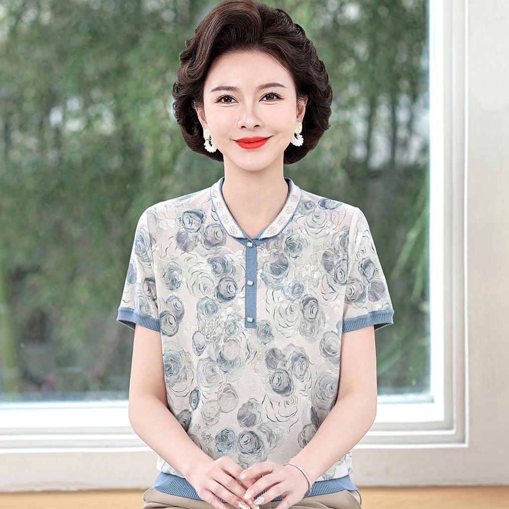 Women's Ice Silk Summer T-Shirt: Chic Short-Sleeved Blouse for Middle-Aged Moms (40-50+).