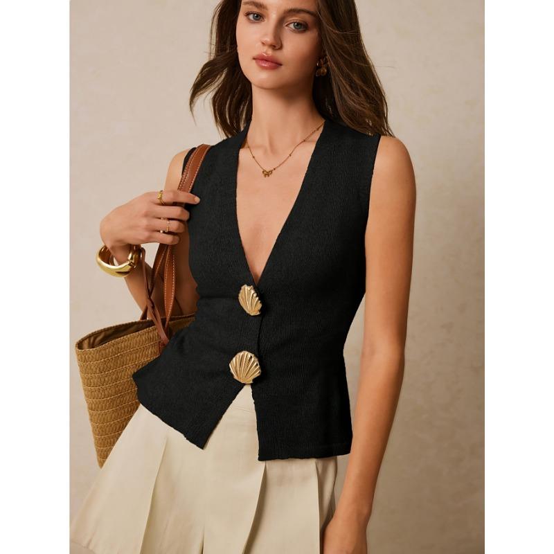 Women Elegant Solid Color V Neck Button Knit Sleeveless Cardigan Vest S