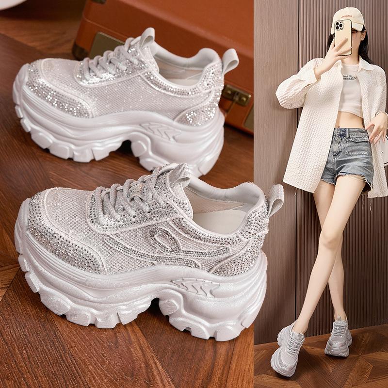 Platform Dad Shoes Women's 2025 Spring and Summer New Korean Version Rhinestone Versatile Casual Shoes Inner Height Increase Women's Shoes Breathab