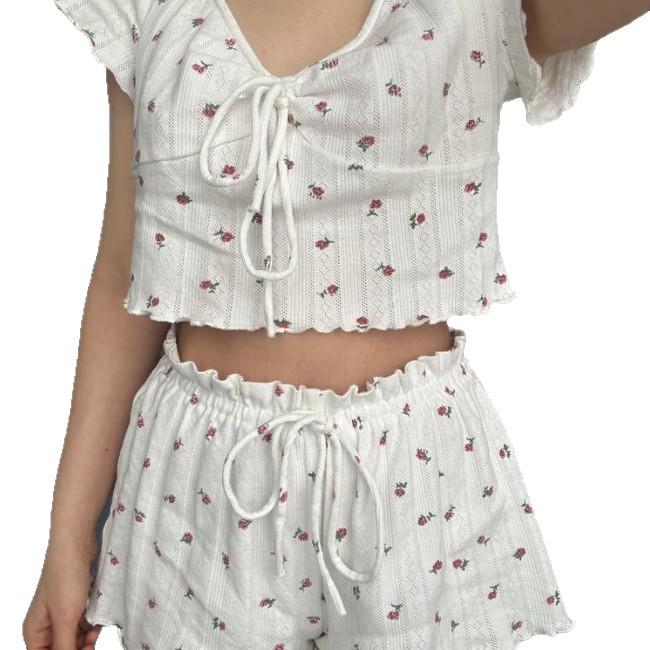 New Jacquard Pajama Set Featuring A Sexy V-neck, Alluring Style with Drawstrings and Wooden Earflaps, In A Short Length.