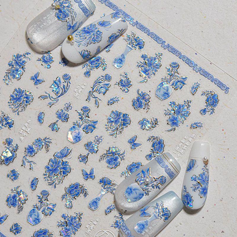 

National Style Blue and White Porcelain Nail Sticker Relief 5D New Arrival 3D Stereo Retro Chinese Style Florals Nail Sticker Decoration Blue and white porcelain 4988((Metal))