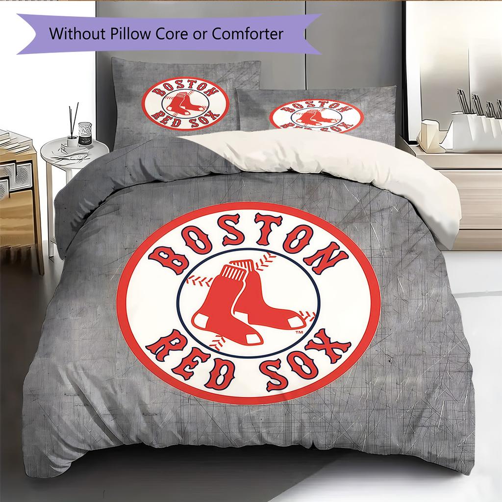 Boston Red Sox Pattern Bedding Quilt Set  Home Decoration  Gift (1 * Duvet Cover + 2 * Pillowcase  Without Core)