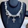 Silver Wing Crucifix Tassels Leather Choker Necklace Adjustable Length Clavicle Chain Stylish Accessory for Trendy Youth
