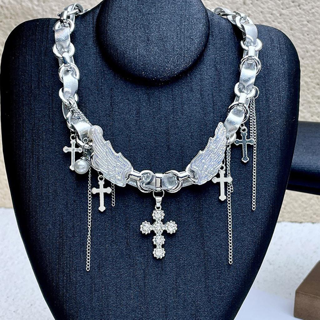 Silver Wing Crucifix Tassels Leather Choker Necklace Adjustable Length Clavicle Chain Stylish Accessory for Trendy Youth