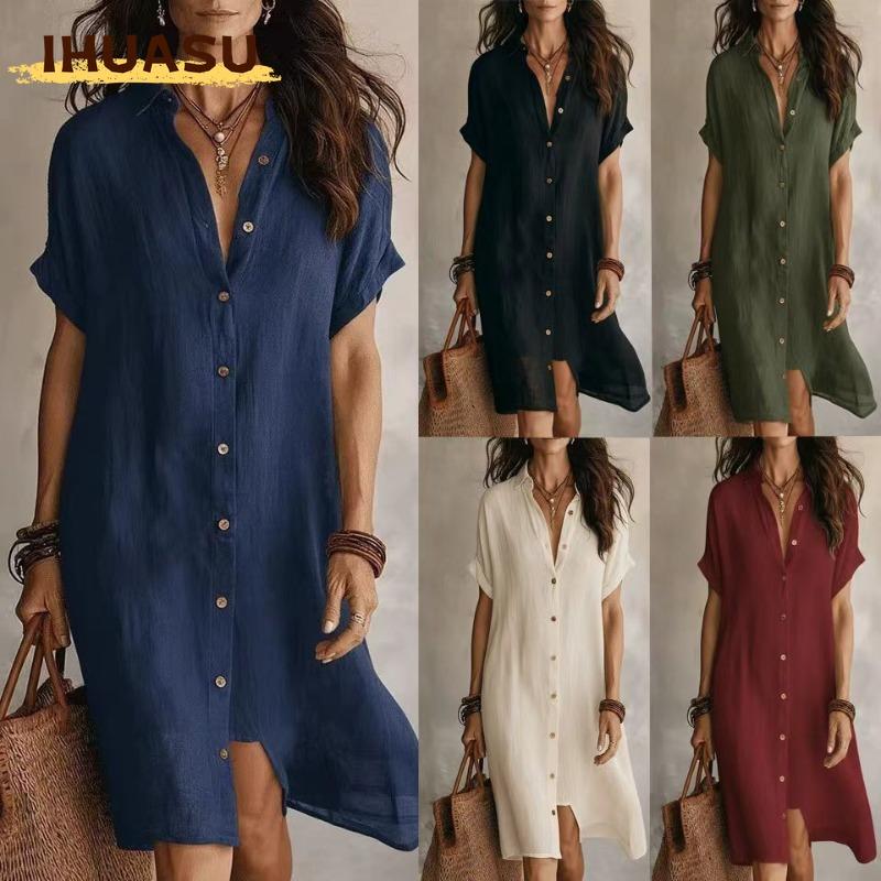 IHUASU Vestidos Casuales de Verano Primavera Color Sólido Estampado Manga Corta Cuello Polo