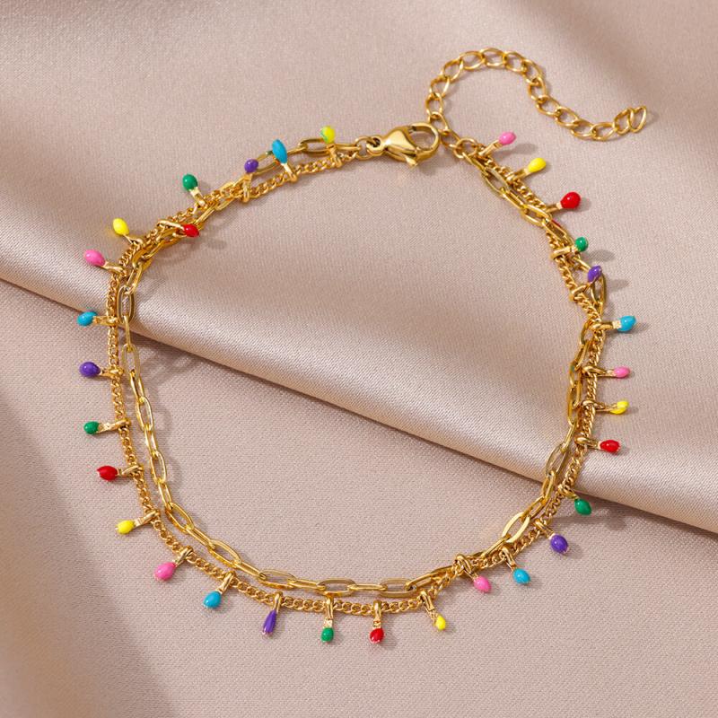 Anklets for Women Summer Beach Accessories Boho Colorful Stainless Steel Two Layer Chain Anklet Leg Bracelets Fashion Jewelry