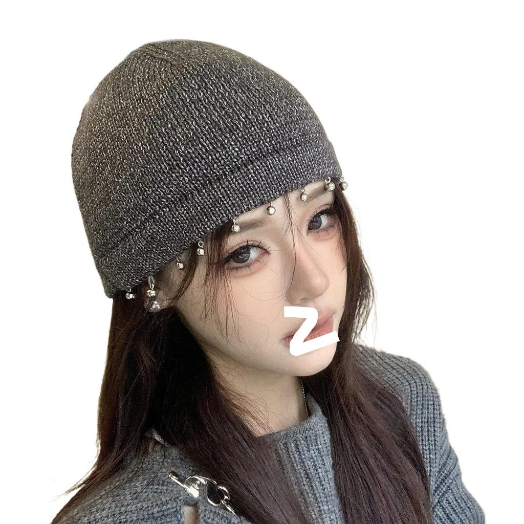 Korean Trendy Bag Head Hat Women's New Autumn and Winter Thin Knitted Hat Design Sense Bead Wool Pullover Hat