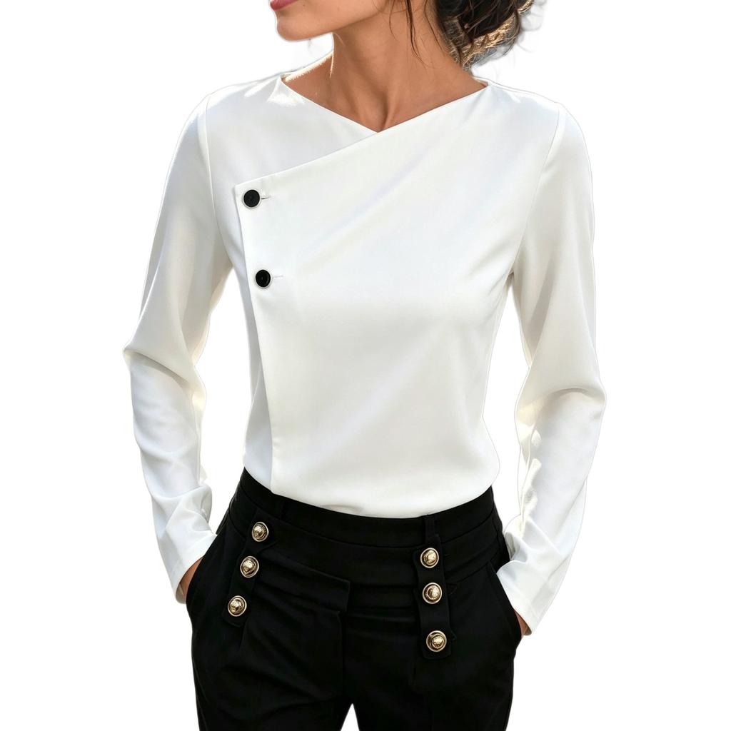 Spring and Autumn European and American temperament commuting elegant cross V-neck long-sleeved women's top solid color versatile casual T-shirt