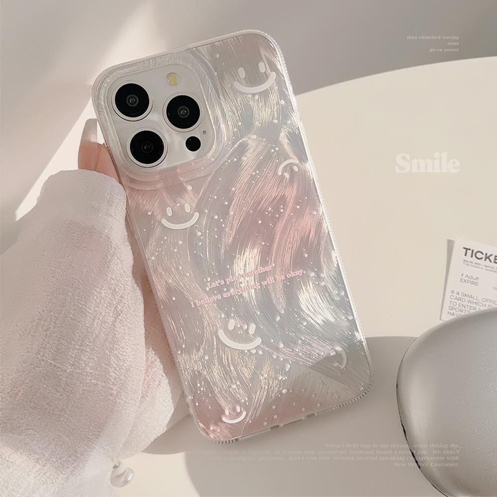 Sweet Powder Smudge Smiley Face Mobile Phone Case Suitable for Apple 15promax Feather Iphone13 Anti Fall 16 Hard 14 Laser
