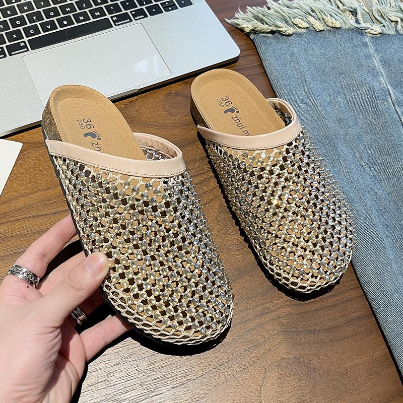 2025 new nylon fishing net full diamond flat bottom cool slippers summer cool outer wear bag head half drag
