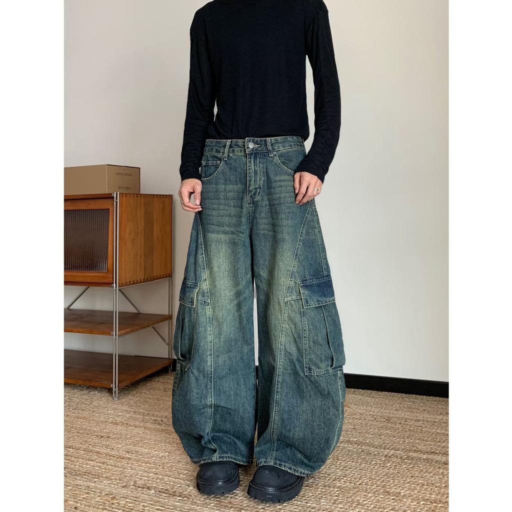 Men's Mid Rise Washed Cat Whisker Barrel Jeans Loose Wide Leg Denim Pants American Vintage High Street Y2K Casual Four Seasons Long Trousers