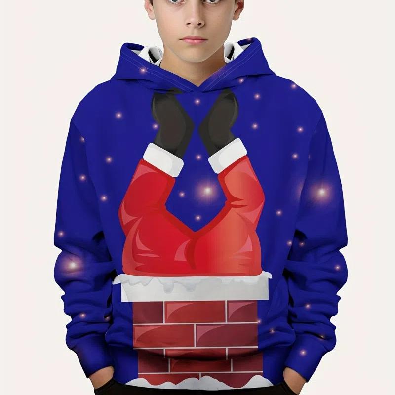 Children's Clothing Christmas Funny Santa and Tree 3D Print Boys Hoodies Casual Autumn Pullover Long Sleeve Outdoor Sweatshirt