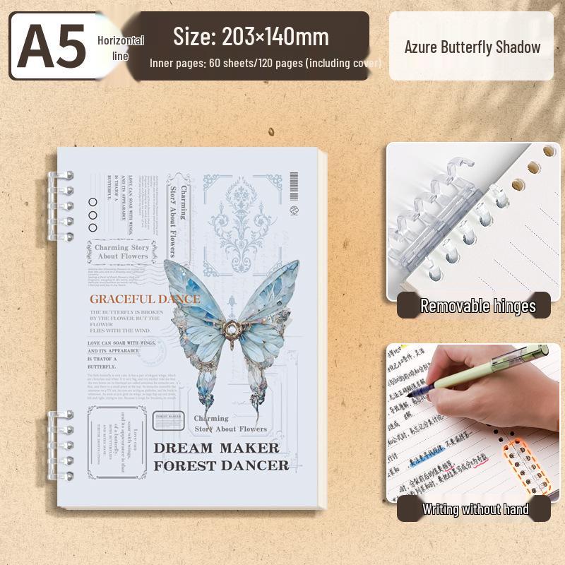 Butterfly Retro English Loose-Leaf Binder: A5 Lined Inner Core B5 Single Book with OPP Bag Packaging