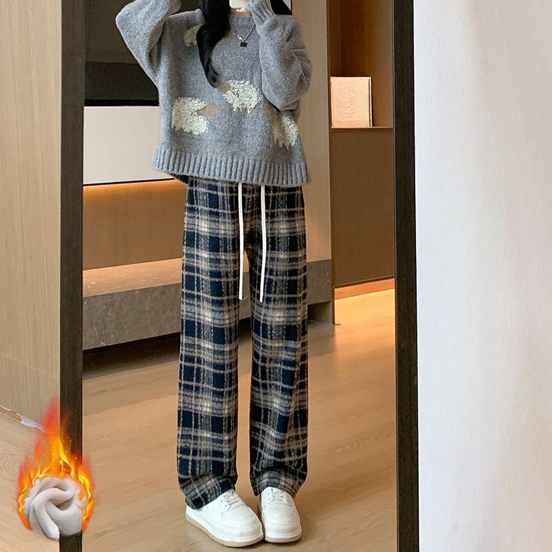 

Женские классические осенне-зимние шерстяные клетчатые длинные брюки с эластичной талией на животе, свободные утолщенные уличные винтажные теплые уютные прямые брюки S тёмно-синий