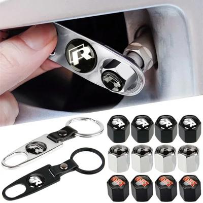 Car Wheel Tire Valve Stem Caps with Keychain for Volkswagen VW GTI SRacing Rline R Emblem TOURAN PASSAT GOLF JETTA TOUAREG T-ROC