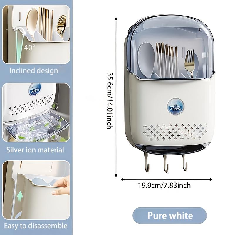 Wall-Mounted Draining Chopstick Holder with Three Compartments Designed with Breathable Holes And Hooks for Cutlery Storage